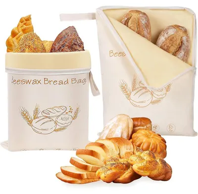 Produktbild von 2er-Set Bienenwachs-Brotbeutel mit breitem Reißverschluss,Brotsack  wiederverwendbare Brotbeutel aus Leinen-Baumwolle für Sauerteigbrote,frischhaltend