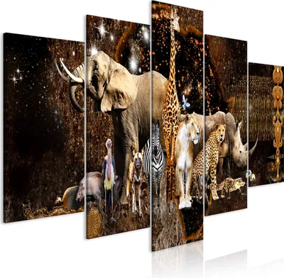 Image de Toiles Animaux 200x100 cm Toile intissé 5 pièces Impression artistique moderne Tableaux muraux XXL Décoration murale Design Tableau mural - Afrique Abstrait Zèbre Éléphant Lion g-C-0284-b-m