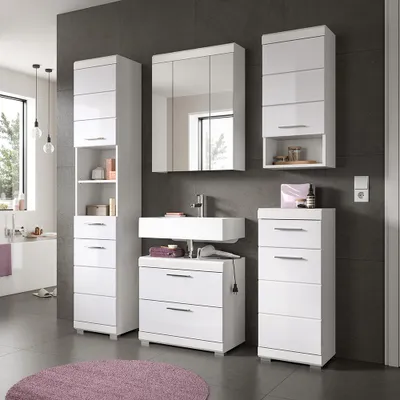Produktbild von Badezimmer-Set 5-teilig in weiß mit weiß Hochglanz, mit Spiegelschrank - SIROCO-158