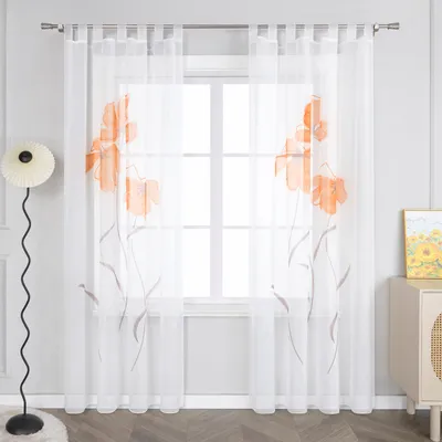 Produktbild von Joyswahl Vorhang mit Schlaufen Voile Modern Gardinen Fensterschals mit handgesprühten Blumen Transparent Schlafzimmer Wohnzimmer Orange HxB 225x150cm 1 Stück