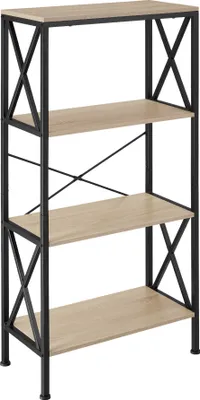 A freestanding shelf unit with a black metal frame and light wood-colored shelves.