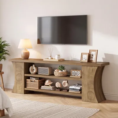 Image de Meubles TV de 160 cm de largeur, adaptés aux téléviseurs de 75 pouces, centres de divertissement avec espace de rangement, meubles TV avec 3 étagères, consoles multimédia de style rustique, robustes