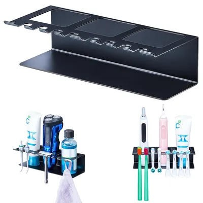 Produktbild von Großer selbstklebender Zahnbürstenhalter Wandhalterung 2-in-1 Kunststoff Schwarz