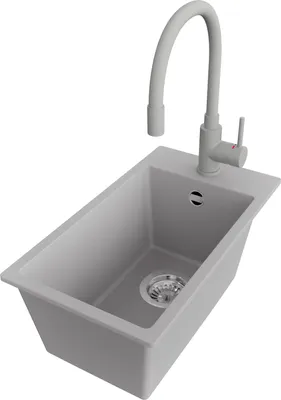 Produktbild von PRIMAGRAN Granitspüle Grau 28x50cm, Spülbecken 1 Becken + Küchenarmatur 38x14cm + Ablauf-Set, Küchenspüle ab 30er Unterschrank - Riga