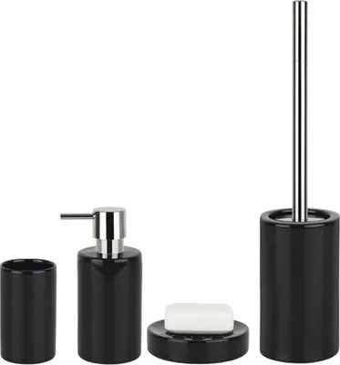 Produktbild von Spirella Badezimmer Set, 4-teiliges Badzubehör aus Porzellan Tube Seifenspender, Seifenschale, WC Bürste und Zahnputzbecher Schwarz