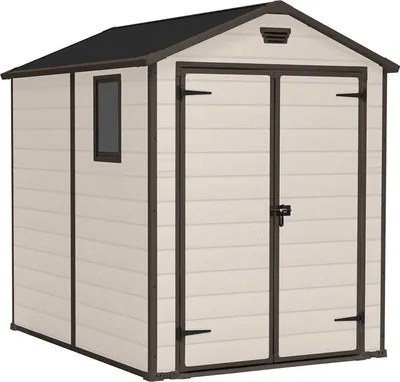 A beige and brown PVC resin garden shed with a black roof, shown from a front-diagonal angle against a white background.