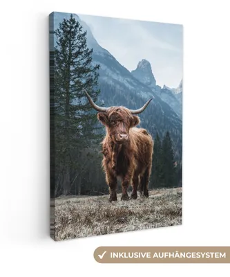 Produktbild von MuchoWow® - Leinwandbilder - Schottische Highlander - Berg - Landschaft - Bäume - Kuh - Natur, Wandbild, Wanddeko Bilder Wohnzimmer, 40x60 cm