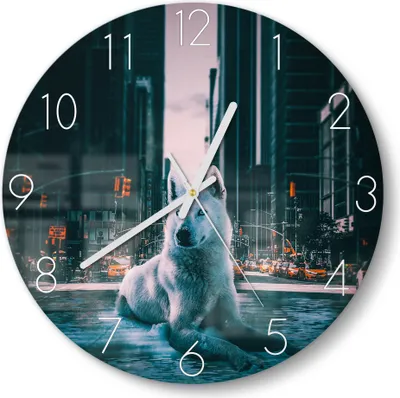 Produktbild von DEQOART Glasuhr Ø30 cm Zahlen 'Urbane Wolfsruh' Wanduhr Glas Uhr Design leise Küchenuhr
