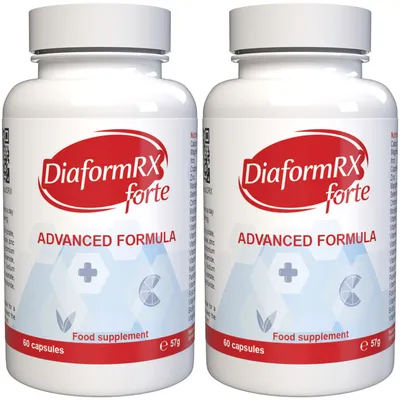 Two white bottles of DiaformRX forte food supplement, displayed side-by-side against a white background.