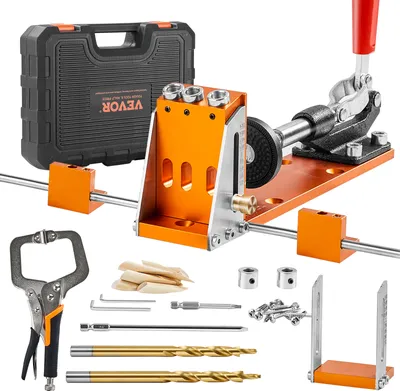 A set of woodworking tools, including a pocket hole jig, drill bits, and clamps, laid out on a white background.