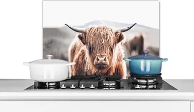 Produktbild von KitchenYeah®  Spritzschutz Küche - Küchenrückwand - Wandschutz für Herd und Spüle - Schottisches Hochlandrind - Berg - Hoorn 60x40 - Alu-Dibond (Alternative zum Spritzschutz aus Glas) - Hitzebeständig