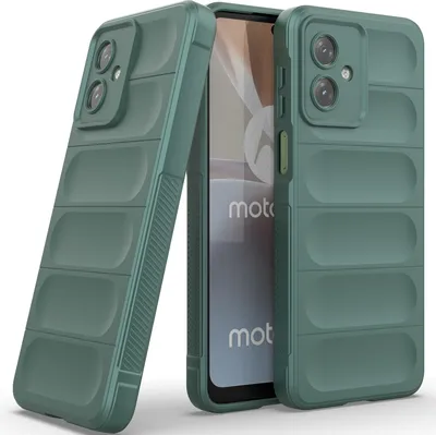 A green phone case is shown next to a smartphone, with the phone's screen displaying the Motorola logo and text.