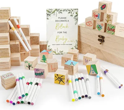 Productafbeelding van Knutselset, 78-delig, houten blokken, viltstiften, gastenbox, voor babyshower
