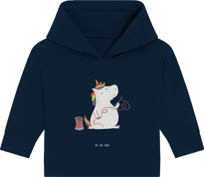 Produktbild von Mr. & Mrs. Panda Organic Baby Hoodie Einhorn Näherin 12. - 18. Monat - French Navy - Geschenk, Einhörner, Unicorn, Nähen, Basteln, Kapuzensweatshirt, Häkeln, Stricken