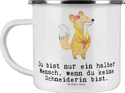 Produktbild von Mr. & Mrs. Panda Pott Schneiderin Herz - Weiß - Geschenk, Outdoor Tasse, Campingbecher, Emaille, Haferl, Teetasse