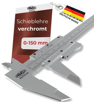 Produktbild von FAMEX 12752 Präzisions-Schieblehre 0–150 mm, 0,05 mm Auflösung – Messwerkzeug mit Einstelltaste und Aufbewahrungstasche