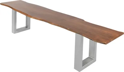 Produktbild von Esszimmerbank 180x42 cm Chicago, Akazienholz nussbaumfarben, Massive Holzbank mit echter Baumkante, Baumkantenbank mit U-Gestell Silber, Sitzbank mit 26 mm Platte