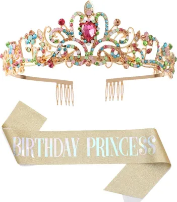 Produktbild von Geburtstagsschleife für Damen, Geburtstagsdiadem für Mädchen, Geburtstagsaccessoires (Schleife und Tiara) für Damen, Geburtstagsdeko-Set
