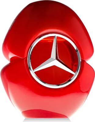 A red perfume bottle with a silver Mercedes-Benz logo.