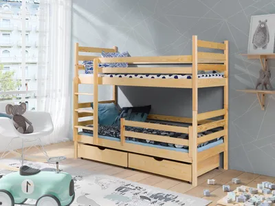 Produktbild von KEF Adalbert Etagenbett Kinder 80x200 cm KEF Adalbert Etagenbett Kinder Holz Kinderbett für Zwei Kinder Leiter Universal mit Matratze Transparent 80x200 cm