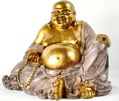 Produktbild von MF Lachende Buddha Figur mit dickem Bauch Skulptur Deko Feng Shui Yoga Meditation in gold / grau Höhe 17cm