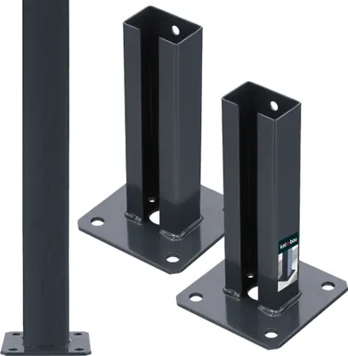 Three dark gray metal post bases are shown against a white background. Two of the bases are in the foreground, and one is partially visible on the left.