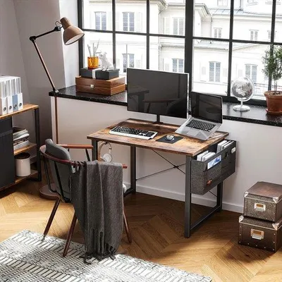 Produktbild von Kleines Büro, 80 x 40 x 73,5 cm, Computertisch, Schreibtisch mit Kopfhörerhalter und Aufbewahrungstasche, Schreibtisch, kleines Arbeitszimmer, Holz, PC-Tisch, Schreibtisch für Zuhause, Büro, braun