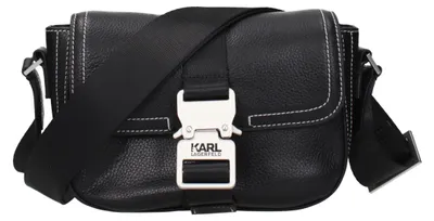 Image de Karl Lagerfeld sac rabat cuir noir, surpiqûres, boucle toile