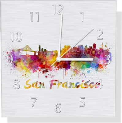 Produktbild von Wallario Design Wanduhr Städte als Aquarell - Skyline von San Francisco aus Aluverbund, Größe 30 x 30 cm