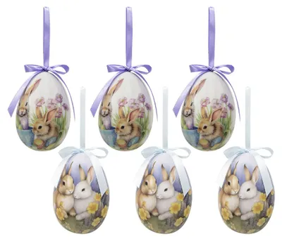 Imagen del producto de Conjunto de 6 colgantes de Pascua de Clayre & Eef, con forma de huevo, de 7x10 cm, en varios colores, de plástico, con motivos de conejos