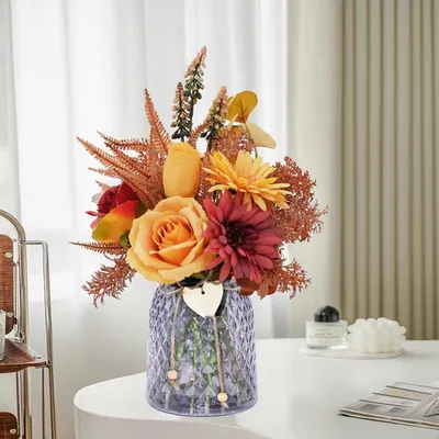 Produktbild von Elzusha – Künstliche Blumen in Topf mit kleiner Glasvase, ideal zur Tischdekoration