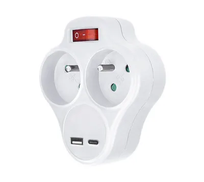 Obrázok produktu pre Solight Biela rozbočovacia zásuvka trojuholník s vypínačom a USB A+C rýchlonabíjačkou 2x10A P99USBC-PD20