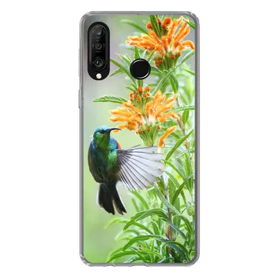 Produktbild von MuchoWow® Handyhülle Schutzhülle Hülle für Huawei P30 Lite Nahaufnahme eines bunten Vogels neben Pflanzen mit orangefarbenen Blüten Silikon Softcase Handy Hülle - Handyhülle