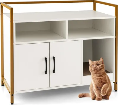 Produktbild von GOPLUS Katzentoilette, Katzenschrank mit Doppeltüren & stabilem Metallrahmen & Kratzbrett & 2 Fächern, Katzenhaus für Katzen Hunde (Weiß)