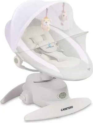 A white baby swing with a canopy and toys.