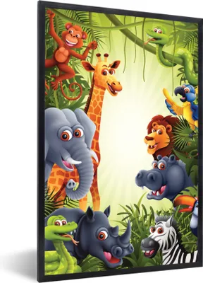 Produktbild von MuchoWow® Gerahmtes Poster Dschungel - Jungen - Mädchen - Baby - Elefant - Löwe - Giraffe 40x60 cm - Poster mit Schwarzem Bilderrahmen Wandposter Rahmen Foto Bilder - Papierdruck - Wandbilder