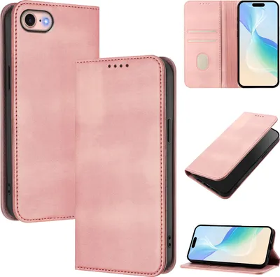 Obrázek produktu pro Pouzdro pro iPhone 6/7/8/SE 2020/iPhone SE 2022, vintage kožené pouzdro s RFID ochranou, přihrádkami na karty, stojánkem Růžový