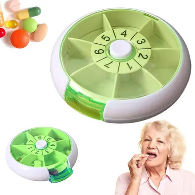 Immagine prodotto di Contenitore per pillole da 7 giorni, rotondo, dosatore rotante con 7 scomparti, verde, 9x9x2,2 cm