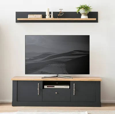 Produktbild von 2-tlg Wohnwandset in anthrazit mit Wotan Eiche Nb. im Landhaus Design, B/H/T ca. 158/170/45 cm