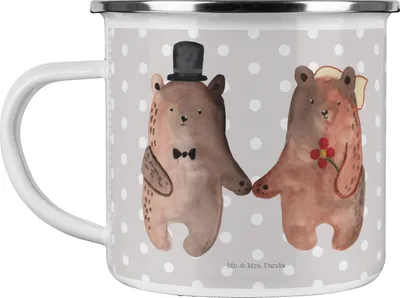 Produktbild von Mr. & Mrs. Panda Teetasse Bär Heirat - Grau Pastell - Geschenk, Emailletasse, Emaille Tasse, Verheiratet Heirate Hochzeit Hochzeitsgeschenk Hochzeitspaar, Blechtasse