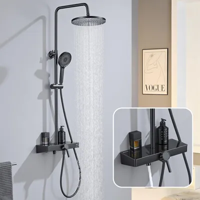 Duschsystem mit Glasablage, eckige Regendusche, Handbrause, 3 Strahlarten