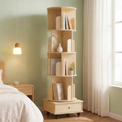 Immagine prodotto di Libreria girevole a 5 ripiani in legno naturale con cassetto, dimensioni 46x46x147 cm