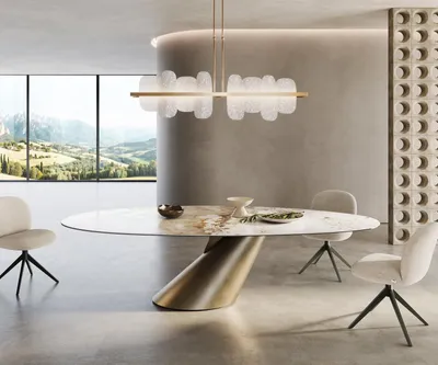 Produktbild von DELIFE Esstisch Edge Oval 280x130 Keramik Minas Melange Weiß-Beige Cono Metallic Gold