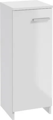 A white, narrow standing bathroom cabinet with a silver handle.