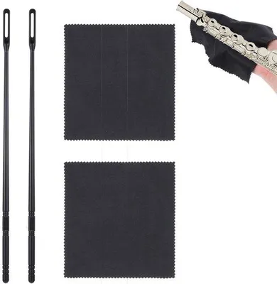 Produktbild von Reinigungsset für Musikinstrumente mit 2 Stiften und 2 Baumwollwischen, ideal für Gitarren und andere Instrumente.