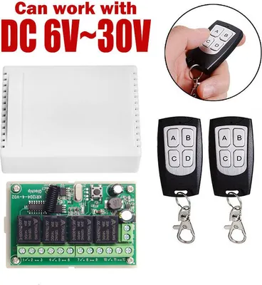 Produktbild von Drahtlose Fernbedienung 433 MHz DC 12 V 4-Kanal, Funkrelais-Schalter mit großer Reichweite, 2 Sender + 1 Empfänger für Garagentor