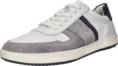 A single white and gray sneaker with navy accents is shown against a white background.