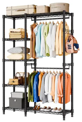 Produktbild von Kleiderständer Offen mit Doppel-Kleiderstangen & 5 Regalen, Metall Garderobe Schwerlast 114x44x195cm Schwarz