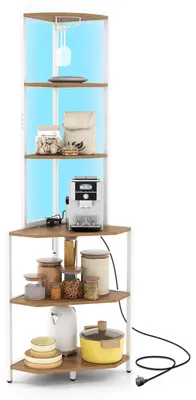 Productafbeelding van COSTWAY Hoekrek van hout met LED-verlichting en stopcontacten, boekenkast met 6 niveaus, glazenhouder en metalen frame, opslagrek, staand rek, 42x42x165 cm