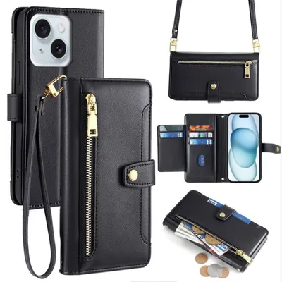 Produktbild von Handykette iPhone Hülle mit Band Handyhülle Kartenfächer Kunstleder Umhängetasche iPhone 15 Schwarz